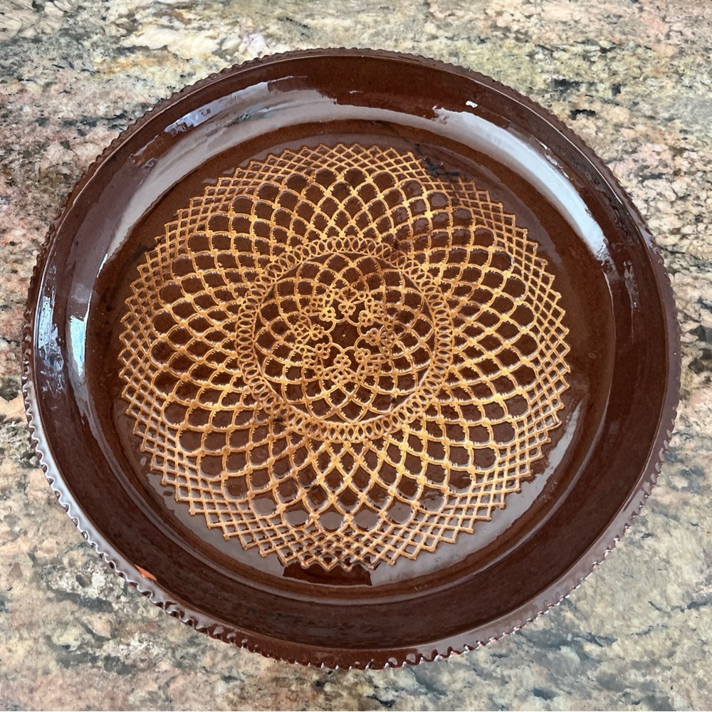 Vintage Pottery Huberhaus Redware Serving Plate 11” PA Dutch Pie Plate